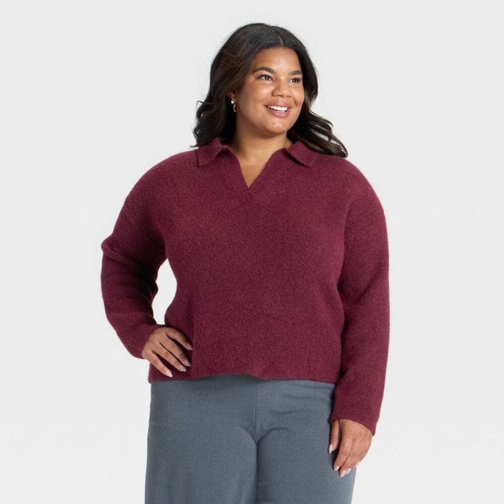 A New Day - Women's Cozy Knit Polo Sweater - A New Day Burgund Red